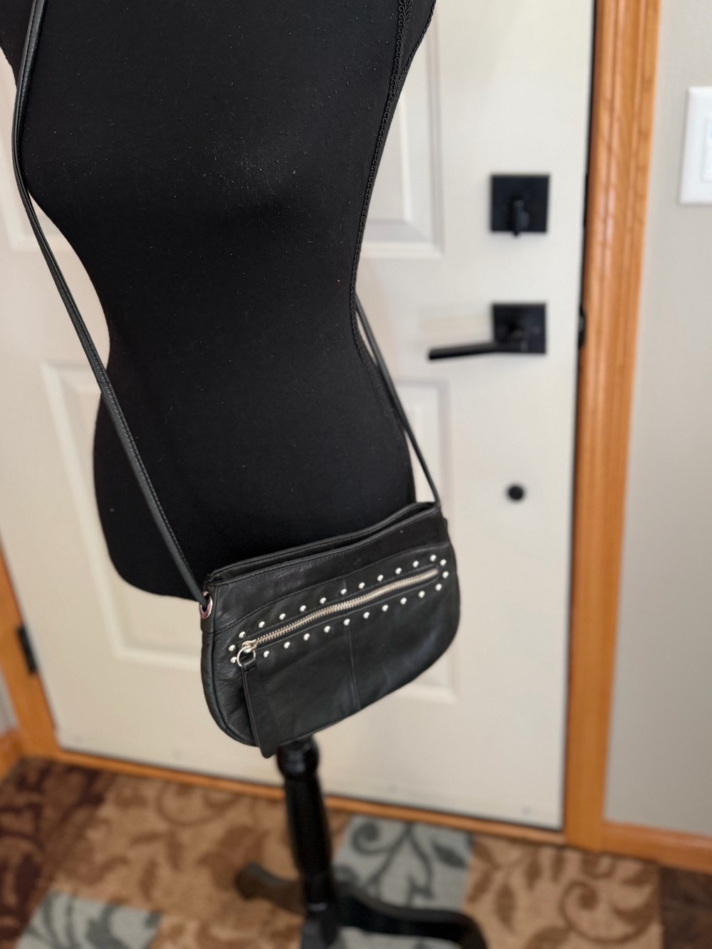 B Makowsky black leather studded moto chic dome rivets crossbody bag purse